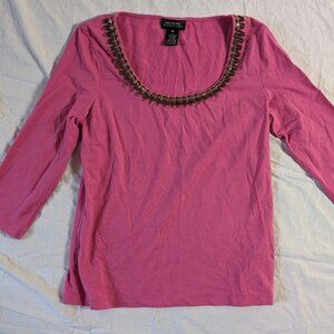 JONES NEW YORK SIGNATURE WOMEN'S PULL OVER PINK SHIRT SIZE MEDIUM NECK BLING TOP